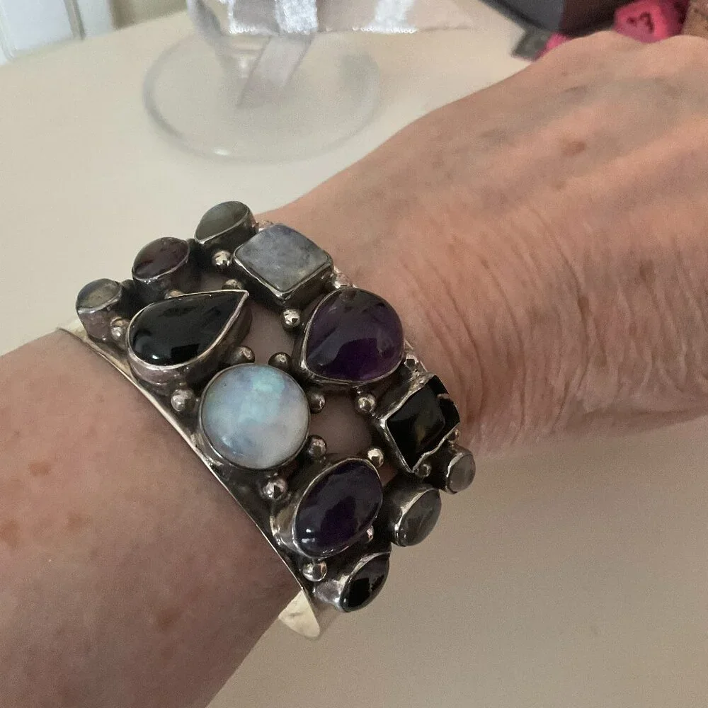 925 sterling silver cuff bracelet with 12 semi-precious stones